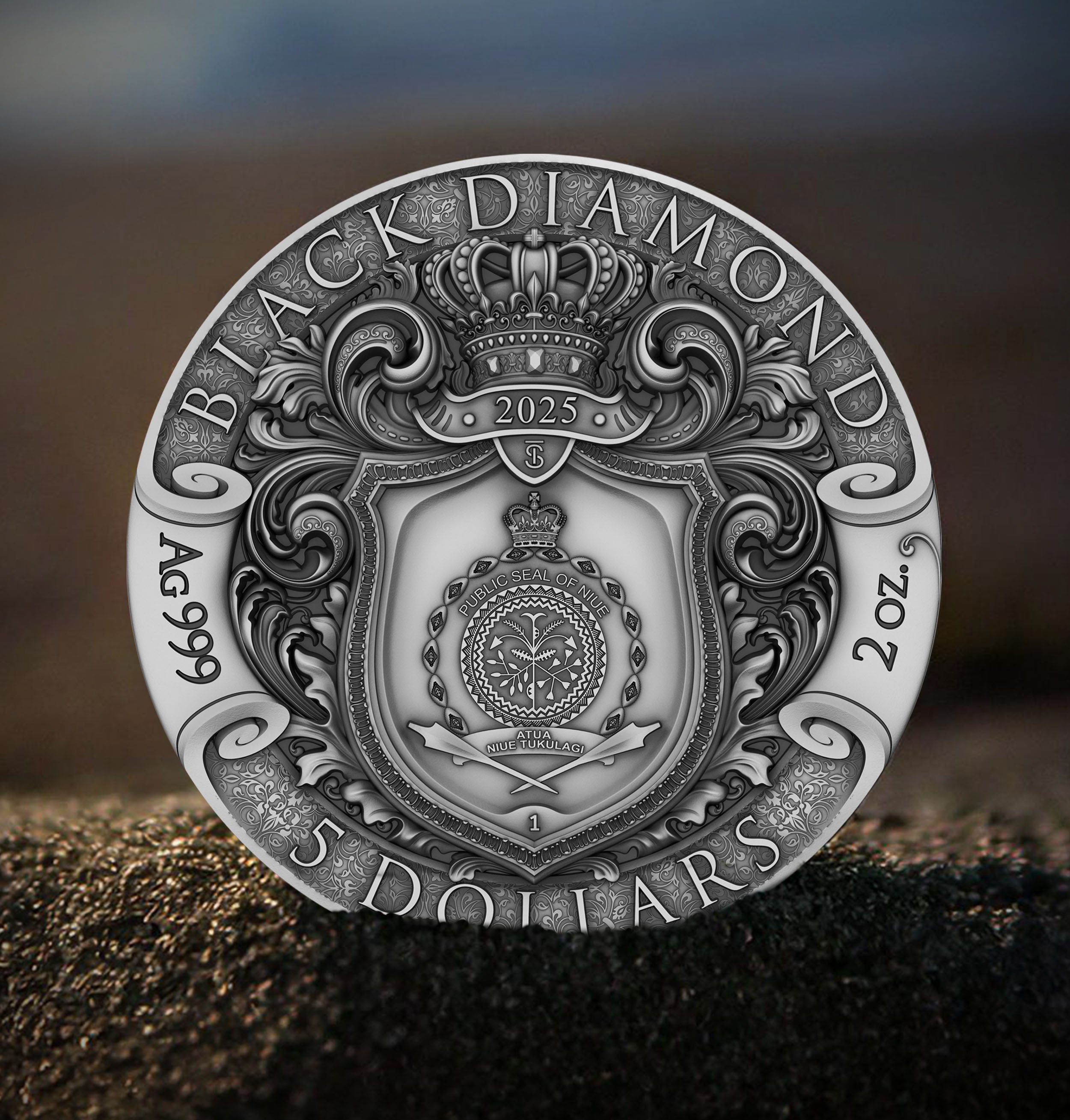 2 oz Silbermünze Black Diamond, Niue 2025 (T&S | Ultra High Relief | Auflage: 500)