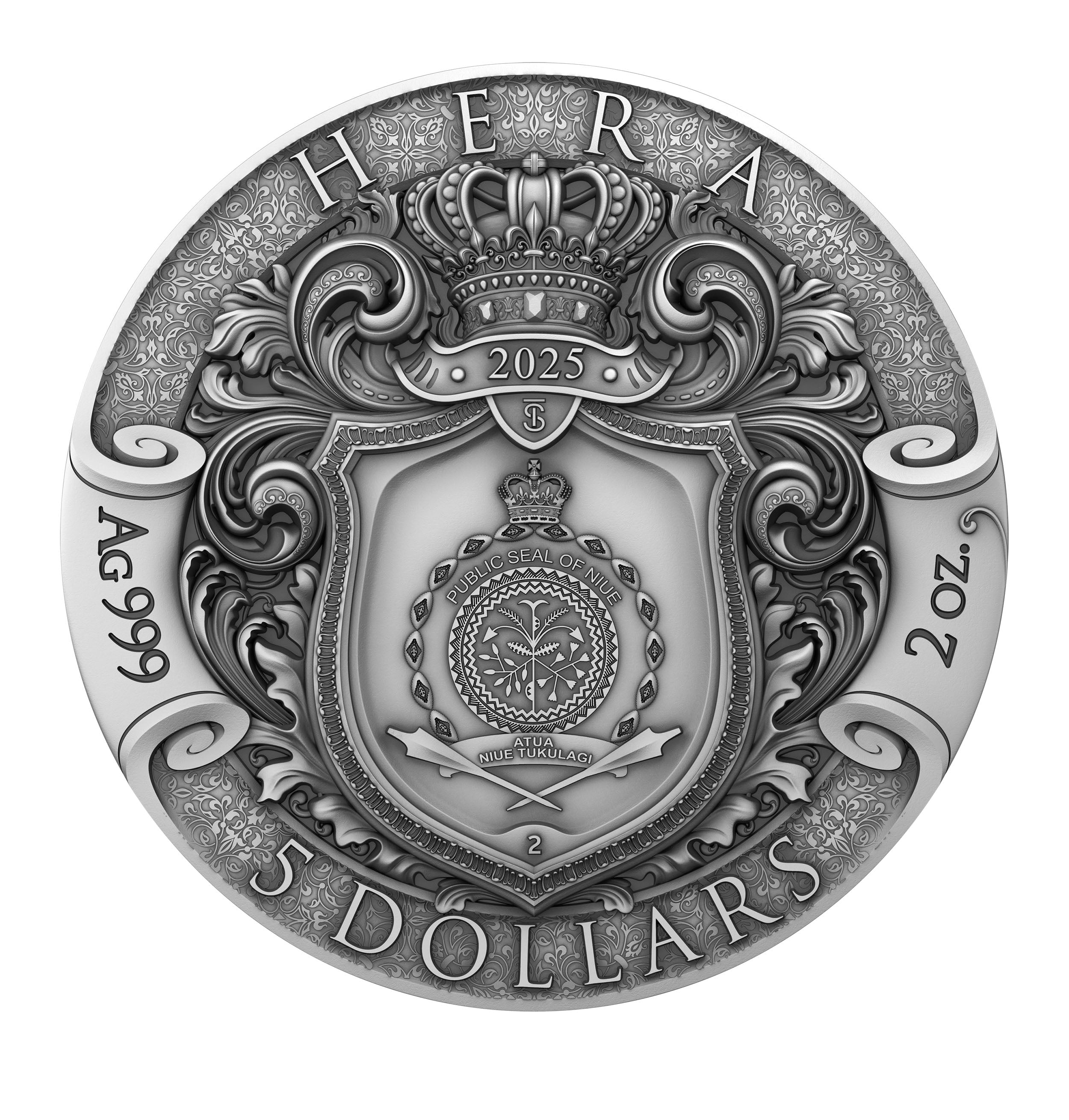 Hera – 2 oz .999 Silbermünze, Niue 2025 (T&S Coin, | Auflage: 500 | Antique Finish)
